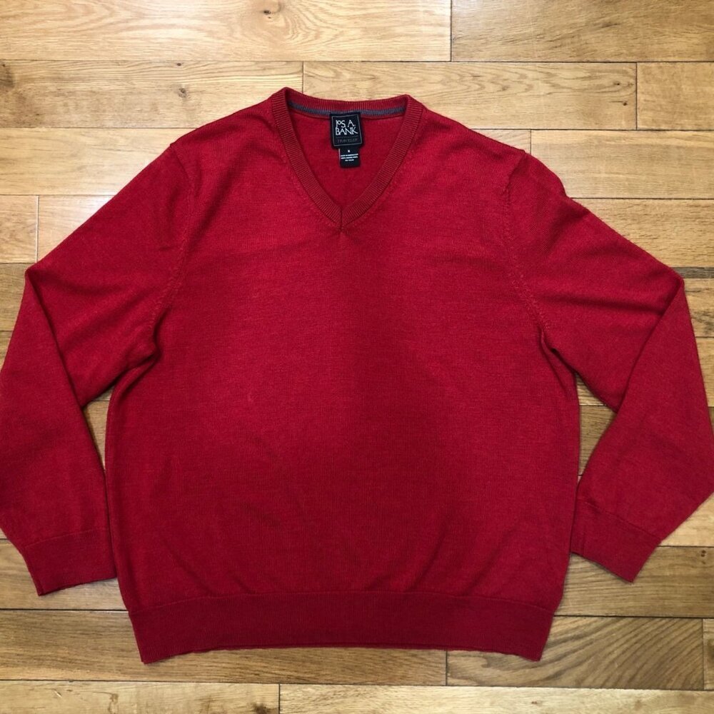 Jos A Bank Traveler 100% Merino Wool Long Sleeve V-Neck Red Sweater Size XL
